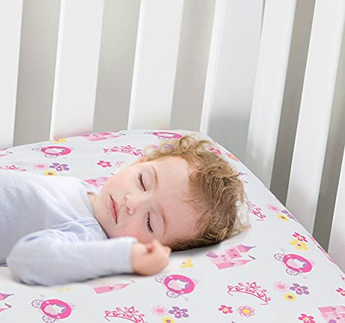 Baby Girl Fitted Crib Sheet Princess Storyland, 100% Soft Breathable Microfiber Baby Sheet, Fits Standard Size Crib Mattress 28in x 52in, Nursery Sheet