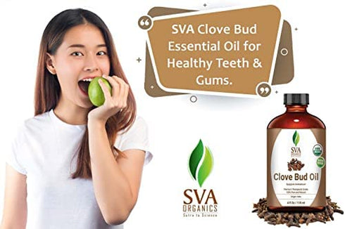 SVA ORGANICS Clove Bud Essential Oil 4 Oz Organic USDA 100% Pure Natural Undiluted Premium Therapeutic Grade Oil For Skin, Teeth, Diffuser, Aromatherapy