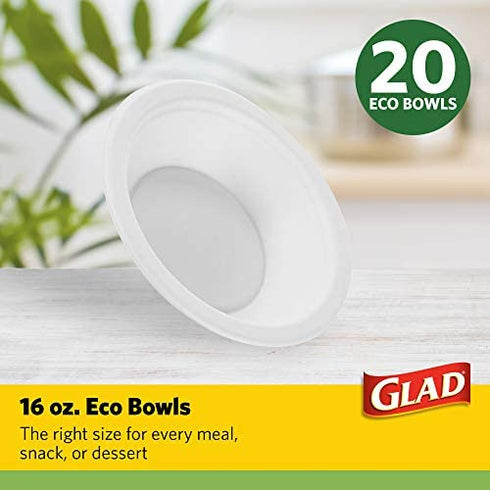 Glad Compostable Paper Bowls | 16 oz Disposable Soup Bowls, 20 Count | Sugarcane Disposable Bowls, Microwavable and Freezer Safe, Leak Resistant Compostable Eco-Friendly Paper Bowls | Glad Paper Bowls