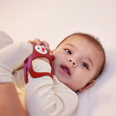 Smily Mia Penguin Buddy Never Drop Silicone Baby Teething Toy for 0-6month Infants, Baby Chew Toys for Sucking Needs, Hand Pacifier for Breast Feeding Babies, Car Seat Toy for New Born,Red