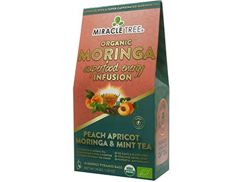 Miracle Tree's Moringa Energy Tea - Peach Mint Apricot | Super Caffeinated Blend | Healthy Coffee Alternative, Perfect for Focus | Organic Certified & Non-GMO | 16 Pyramid Sachets