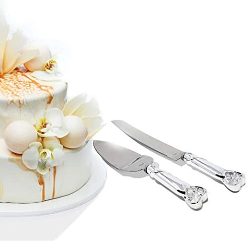 Silver Double Heart Wedding Cake Serving Set - Silver Wedding Cake Knife Set