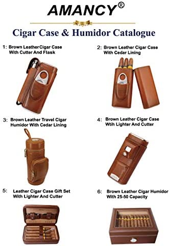AMANCY Classic Black Leather 3 Fingers Cigar Case with Cedar Wood Lining ,Silver Stainless Steel Cutter Contained