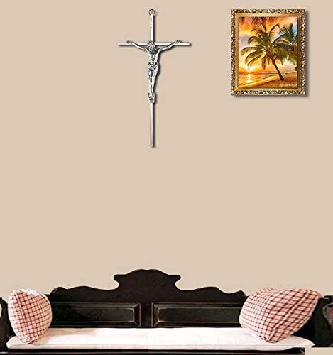 ACHIBANG Crucifix Wall Cross - Metal Slender Catholic Hanging Jesus Cross for the Wall - 10 Inch - Shiny Silver
