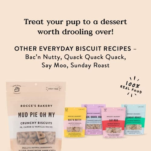 Bocce's Bakery Oven Baked Mud Pie Oh My Treats for Dogs, Everyday Wheat-Free Dog Treats, Made with Real Ingredients, All-Natural PB, Carob & Vanilla Biscuits, 5 oz, Beige (EB-MUD5oz)
