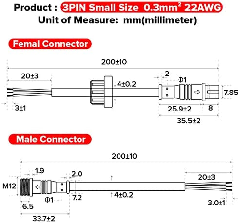 BTF-LIGHTING 3 Pin Electrical Connector 22AWG IP65 Male Female Connector 7.87in/20cm Extension Cable for Car,Truck,Boat,Indoor/Outdoor LED Strip Lights/String 15mm Nut Small Size 5 Pairs