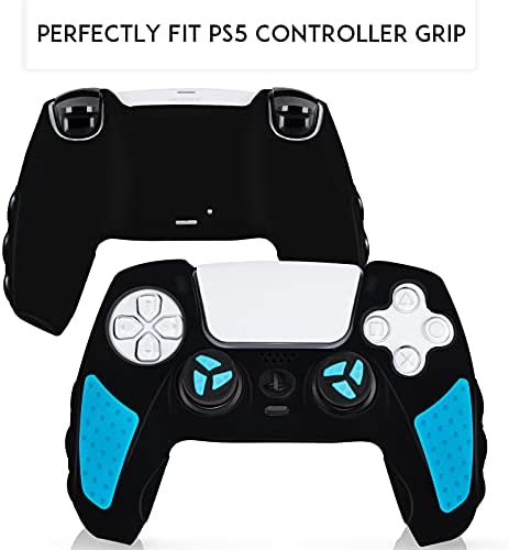 SIKEMAY PS5 Controller Cover Skin, Anti-Slip Thicken Silicone Protective Cover Case Perfectly Compatible with Playstation 5 Dualsense Controller Grip with 10 x Thumb Grip Caps (Black-Blue)