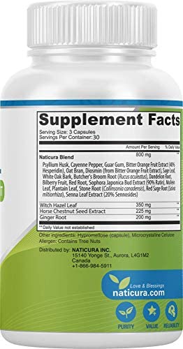 Naticura: Hem-Control Natural Hemorrhoid Supplement - Vegan Herbal Supplement with Psyllium Husks, Witch Hazel, and Ginger Root - 90 Count - Inflammation-Fighting Digestive Support