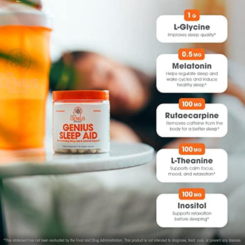 Genius Natural Sleep Aid Supplement, 40 Capsules - Smart Sleeping Pills & Adrenal Fatigue Supplement - Relaxation Enhancer and Mood Support with Melatonin, Inositol, L-Theanine & L-Glycine – Vegan