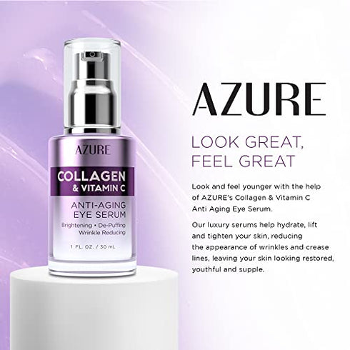 AZURE Collagen & Vitamin C Anti Aging Eye Serum - Toning, De-Puffing & Brightening Serum - Reduces Wrinkles, Fine Lines & Dark Circles - Minimizes Fatigue - Skin Care Made in Korea - 30mL / 1 fl.oz.