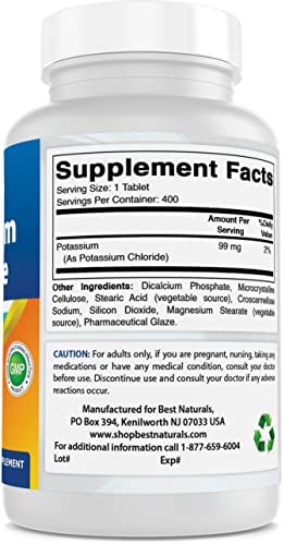 Best Naturals Potassium Chloride Supplement 99mg 400 Tablets - 3rd Party Lab Tested