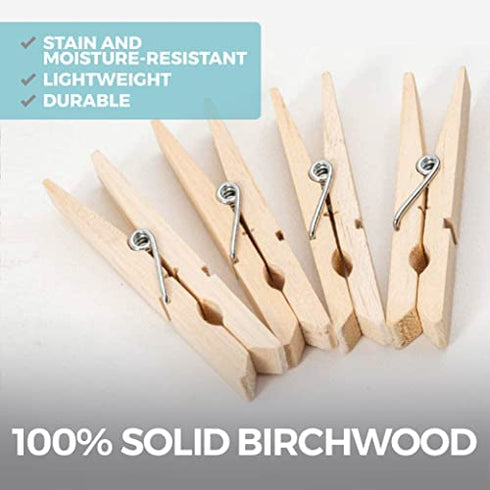 Home Genie Large Wooden Clothespins, 2.9", 50 Pack Natural Birchwood, Rust and Moisture Resistant Clothes Pegs, Durable Wood Clothing Pins, Strong Grip, Laundry Clothesline, Bag Clips, Crafts, Photos