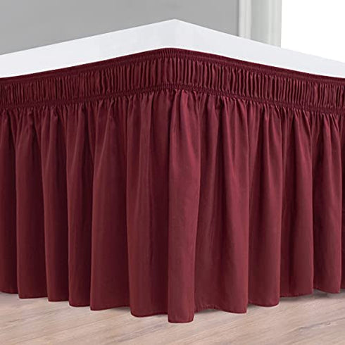 Biscaynebay Wrap Around Bed Skirts for King & Cal King Beds 15 Inches Drop, Burgundy Elastic Dust Ruffles Easy Fit Wrinkle & Fade Resistant Silky Luxurious Fabric Solid Machine Washable