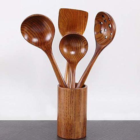 14 inch Large Wood Cooking Spoon Set of 2 Handmade Wooden Slotted Spoon with Holes & Best Wood Ladle Spoon for Cooking Long Handle Spoons Big Soup Ladles Wooden Deep Serving Spoons