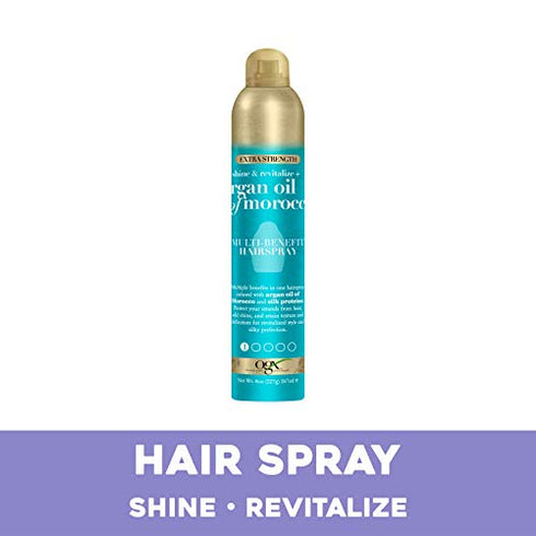 OGX Revitalize + Argan Shine Extra Strength Multi-Benefit Heat Protection Hairspray with Argan Oil & Silk Proteins, Tame Frizz & Non-Greasy Shine, Morocco, 8 Ounce