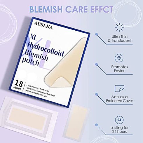 AUSLKA Large Blemish Patches XL -18 Strips - Hydrocolloid Patch for Covering Zits - Spot Stickers -Vegan and Cruelty for Face and Skin