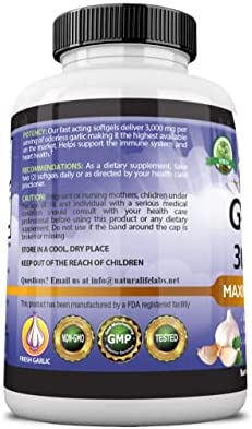 Odorless Pure Garlic 3000 mg per Serving Maximum Strength 150 Soft gels Promotes Healthy Cholesterol Levels Immune System Support
