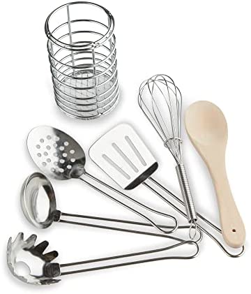 Melissa & Doug Stir and Serve Cooking Utensils (7 pcs) - Stainless Steel and Wood
