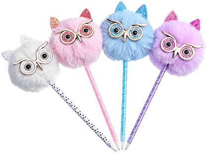 Abhay 4 Pack Owl gift Pen Novelty Pens Colorful Fluffy Ball Pen Pom Pom Pen for Easter and Party Supplies