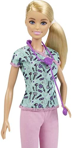 Barbie Nurse Blonde Doll (12-in) with Scrubs Featuring a Medical Tool Print Top & Pink Pants, White Shoes & StethoscopeAccessory, Great Gift for Ages 3 Years Old & Up