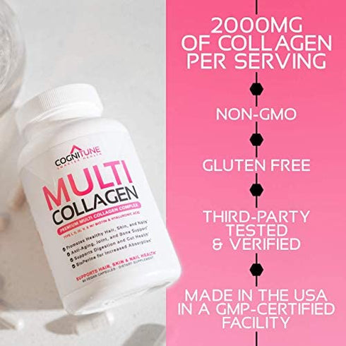 Multi Collagen Pills with Hyaluronic Acid and Vitamin C, Biotin - Type I, II, III, V, X Hydrolyzed Collagen Protein; Healthy Hair, Skin, Nails, Joints -120- Collagen Peptides Capsules for Women & Men