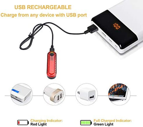 Ascher USB Rechargeable LED Bike Tail Light 2 Pack, Bright Bicycle Rear Cycling Safety Flashlight, 330mah Lithium Battery, 4 Light Mode Options, (2 USB Cables Included)