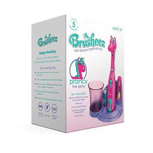 Brusheez® Kid's Electric Toothbrush Set - Soft Bristles, Easy-Press Power Button, Battery Operated, 2 Brush Heads, Animal Cover, Sand Timer, Rinse Cup and Storage Base - Ages 3+ (Prancy the Pony)