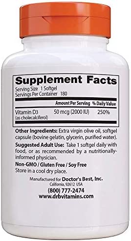 Doctor's Best Vitamin D3 2 000 IU Healthy Bones Teeth Heart Immune Support NonGMO GlutenFree Soy Free , 180 Count