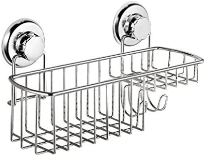 HASKO accessories - Powerful Vacuum Suction Cup Shower Caddy Basket for Shampoo - Combo Organizer Basket with Soap Holder and Hooks - Stainless Steel Holder for Bathroom Storage (Chrome)