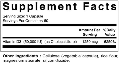 Vitamatic Vitamin D3 50,000 IU (as Cholecalciferol), Once Weekly Dose, 1250 mcg, 60 Veggie Capsules 1 Year Supply, Progressive Formula Helping Vitamin D Deficiencies (60 Count (Pack of 1))