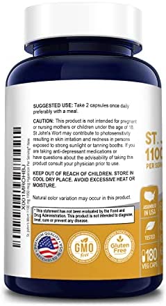 St. John's Wort 1100 mg per Serving. 180 Veggie Capsules (Vegetarian,Non-GMO & Gluten-Free) 1950 mcg Hypericin per Serving