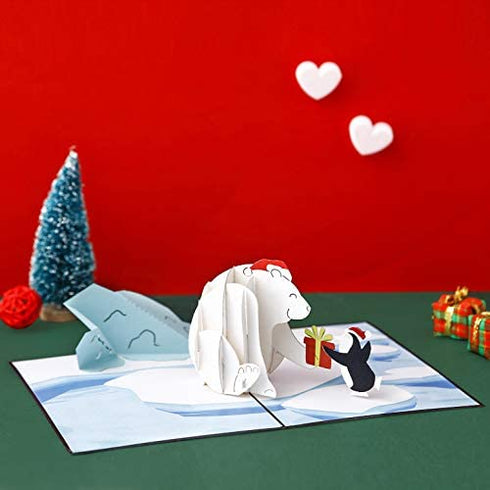 Liif Polar Bear Penguin 3D Greeting Pop Up Christmas Card, Merry Christmas Cards For Kids, Holiday Card, Xmas Card, Gift, Christmas Thank You Cards, Funny, Unique, Animal, Ocean