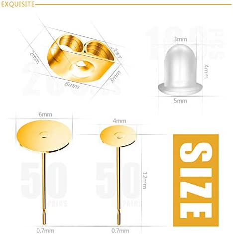 Gold Earring Posts and Backs, 500Pcs Hypoallergenic Earring Studs for Jewelry Making with Butterfly Earring Backs and Rubber Bullet Earring Backs (4mm, 6mm)