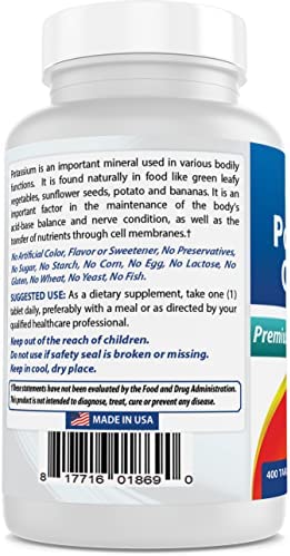 Best Naturals Potassium Chloride Supplement 99mg 400 Tablets - 3rd Party Lab Tested