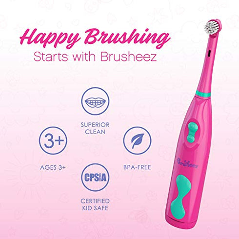 Brusheez® Kid's Electric Toothbrush Set - Soft Bristles, Easy-Press Power Button, Battery Operated, 2 Brush Heads, Animal Cover, Sand Timer, Rinse Cup and Storage Base - Ages 3+ (Prancy the Pony)