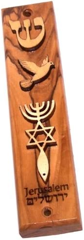 Holy Land Market Olive Wood Messianic Mezuzah Engraved and Ornamented with Laser (5 inches)