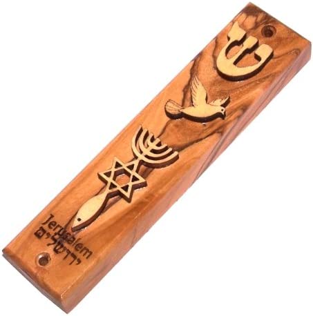 Holy Land Market Olive Wood Messianic Mezuzah Engraved and Ornamented with Laser (5 inches)