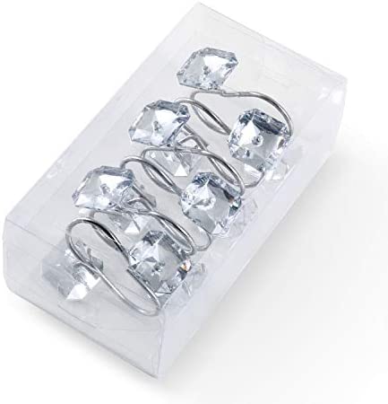 CHICTIE Diamond Shower Curtain Hooks,White Crystal Decorative Shower Curtain Rings,Set of 12 Stainless Steel Rust-Proof Square Rhinestones Shower Hooks Hangers for Bathroom
