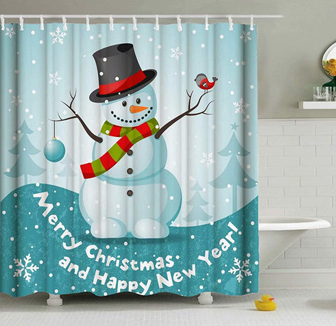 ShineSnow Snowman Merry Christmas Happy New Year Cute Bird Winter Snowflake Shower Curtain Set 72 x 72 Inches, Home Decor Bathroom Accessories Waterproof Polyester Fabric Curtains