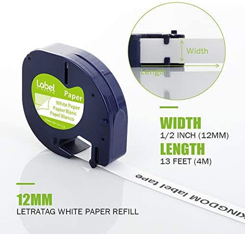 Label Kingdom Label Tape Replace for DYMO LetraTag White Paper Refill 91330 10697, 1/2" x 13' 12mm x 4m Black on White Label Maker Tape for dymo Letra Tag LT-100H Plus Printer, 5-Pack