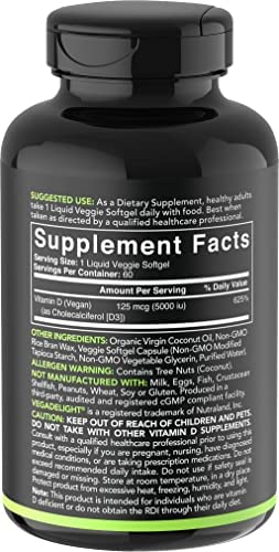 Vegan Vitamin D3 5000iu (125mcg) with Coconut Oil | 100% Plant-Based Vitamin D Supplement for Bone, Joint & Immune Support | Carrageenan Free, Vegan Certified & Non-GMO Verified (60 PlantGels)