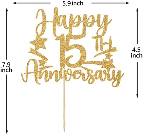 Gold Glitter Happy 15th Anniversary Cake Topper for Wedding Anniversary/Anniversary Party/Happy Birthday Party Decorations