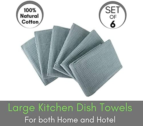 Linen and Towel Set of 6 Kitchen Towels, Super Absorbent 100% Cotton Dish Towel for Drying Dishes, Dish Cloth, 18 x 28 in, with Hanging Loop, Waffle Weave Bar Towels & Tea Towels, Turquoise