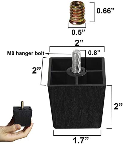 Sopicoz 2 inch Sofa Legs Plastic Feet for Furniture Legs Riser Square Set of 4 with M8 Hanger Bolts