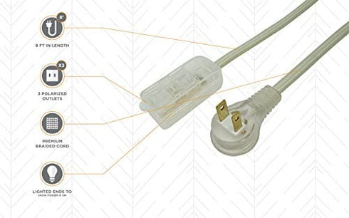 Woods 64598301 Decor Series 8-Foot Fabric Braided Indoor Extension Cord with Lighted Ends, 3 Polarized 2-Prong Outlets, Right Angle Plug, 125 Volts, Beige