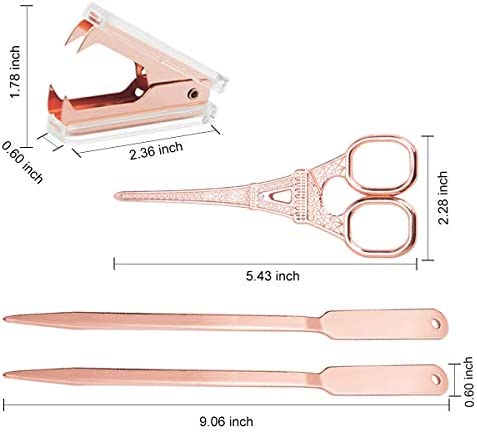 Rose Gold Desk Accessories Set - Scissors, Staple Remover and 2 Letter Openers, Luxury Rose Gold Office Supplies & Desk Decorations