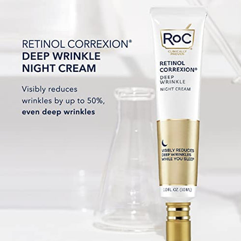 RoC Retinol Correxion Deep Wrinkle Anti-Aging Night Cream, Daily Face Moisturizer with Shea Butter, Glycolic Acid and Squalane, Skin Care Treatment, 1 Ounce