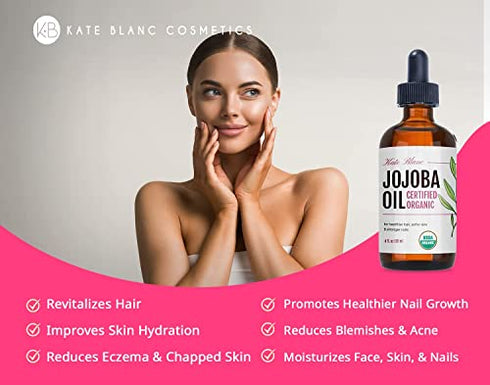 Kate Blanc Cosmetics Jojoba Oil for Hair Growth, Skin, & Face (2oz) Jojoba Oil Organic Facial Oil for Gua Sha Massage. 100% Pure & Natural Organic Hair Oil. Moisturize Nails, Ear, Scalps, Cuticles