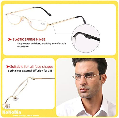 KoKoBin Half Reading Glasses - 2 Pairs Half Rim Metal Frame Glasses Spring Hinge Readers for Men and Women, Black+Gold 3.00