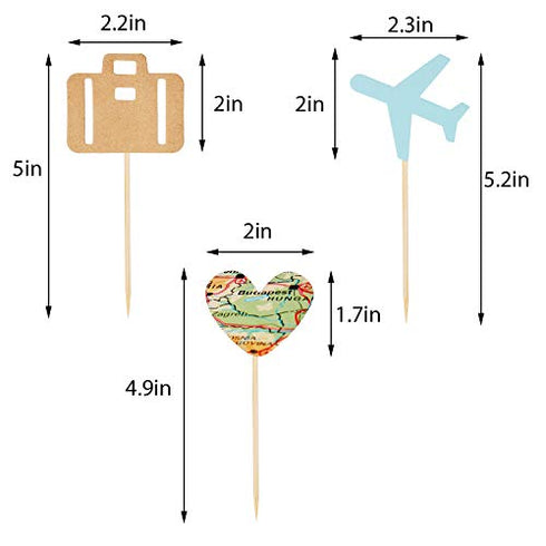 36 Pieces Travel Themed Cupcake Toppers Set, Airplane Cupcake Toppers Map Heart Cake Toppers for Travel Themed Baby Shower Party Decorations (Blue and Brown)